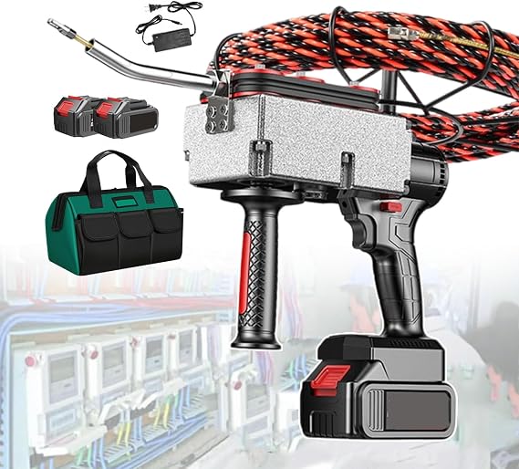 15m Electrician Stringing Threading Machine, Cable Insertion & Extraction Tools, Professional Wall Threading Wire Machine & Punch Down Tool, One-Click Threading, with Tool Bag,2-battery