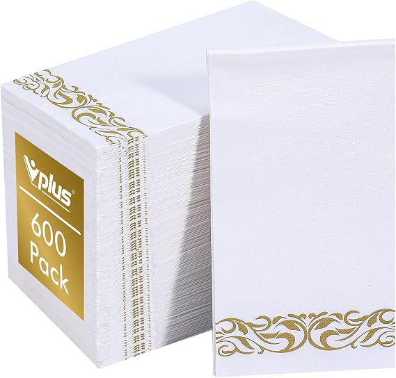 Vplus 600 Pack Paper Napkins Guest Towels Disposable Premium Quality 3-ply Dinner Napkins Disposable Soft, Absorbent, for Kitchen, Wedding, Parties, Dinners or Events(Gold)