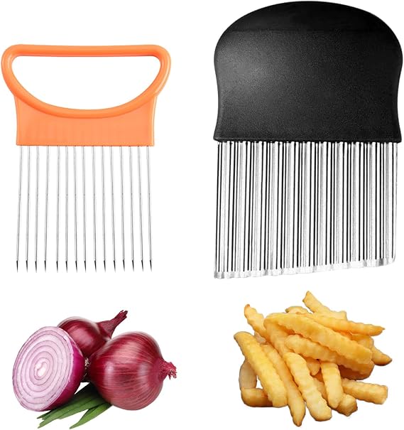 Stainless Steel Onion Slicer, 2Pcs Kitchen Gadgets Onion Holder for Slicing Ergonomic Handle Potato Chipper Chip Cutter Easy to Clean Runner Bean Slicer for Slicing Fruits, Vegetables, Meat, Etc