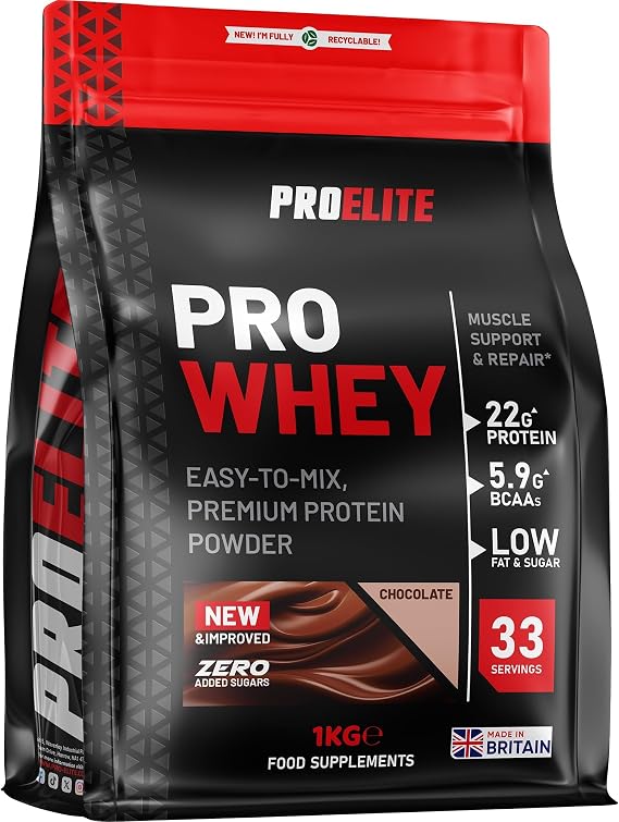 Pro Whey Protein Powder 1kg - Chocolate | 33 Servings, 22g Protein & 5.9g BCAAs per Serving | Muscle Support | No Added Sugar, Low Fat & Carbs | Vegetarian by PROELITE