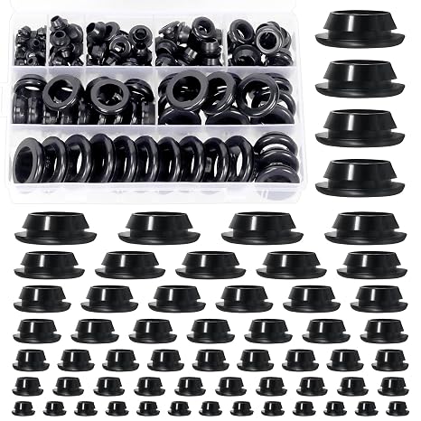 Swpeet 140Pcs Black Rubber Grommet Assortment Kit, 8 Sizes Eyelet Ring Gasket, Single Sided Round Firewall Hole Plugs Approx 2/13" 1/5" 5/16" 3/8" 1/2" 3/4" 13/16" 1" Drill Hole for Wiring, Boat