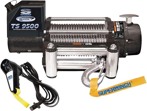 Superwinch 1595200 Tiger Shark 9500 12V DC Winch 9,500lb(4,309kg) | Single Line Pull with Roller Fairlead 21/64" x 95' Steel Wire Rope Corded Handheld Remote