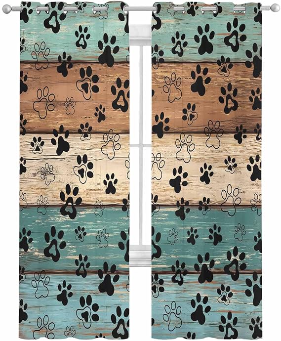 Teal Brown Beige Dog Paw Print Sheer Curtains 63 Inch Length 2 Panels Set for Living Room/Bedroom, Country Kitchen Curtains with Grommet, Farmhouse Wood Semi-Sheer Window Treatments 42"x63"x2