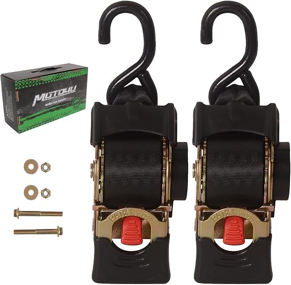 MOTO4U 2" x 8.8' Bolt-On Retractable Ratcheting Tie-Down Strap AutoRetract Marine Strap Transom Tie Downs w/S Hook for Motorcycle Boats Trailers(one Pair)