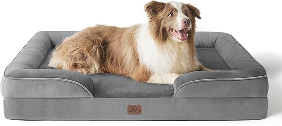 Bedsure Large Dog Bed Sofa - Washable Orthopedic Dog Couch, 97x71x16.5 cm | Waterproof Inner Liner, Removable Flannel Cover, Dog Pillow with U-Shape Bolster, Grey Squre Pet Bed