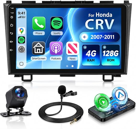 Android15.0 4G+128G Car Radio Stereo for Honda CRV 2007-2011 with Wireless CarPlay Android Auto, 9 Inch in-Cell Touch Screen GPS WiFi Bluetooth EQ SWC FM Radio HD Backup Camera