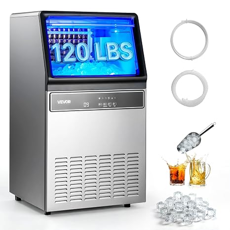 VEVOR Commercial Ice Maker Machine, 120 lbs/24H Ice Production, 19-33 lbs Storage Bin, 45 Cubes per Cycle, Stainless Steel Under Counter & Freestanding Ice Maker with LED Display, Self-Cleaning