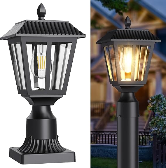 Solar Post Lights, Dusk to Dawn Solar Lamp Post Light with Pier Mount Base, Post Lights Outdoor Waterproof for Garden Yard Landscape Pole Pillar (Warm White)
