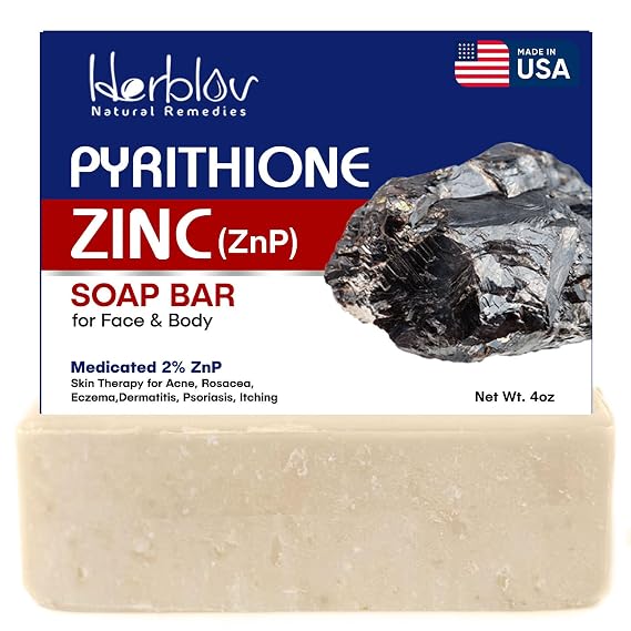 Herblov Pyrithione Zinc Soap Bar for Face & Body, 4oz | 2% ZnP Bar Soap Skin Therapy Cleanser for Acne, Rosacea, Eczema, Dermatitis, Psoriasis, Itching | Cleansing, Calming Facial Wash | Made in USA