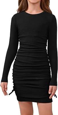 OYOANGLE Girls Ruched Knitted Long Sleeve Round Neck Dress Drawstring Side Short Dresses