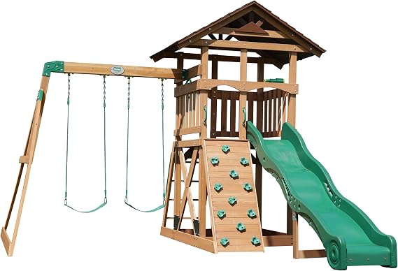 Backyard Discovery Lightning Ridge Cedar Wood Swing Set with Wave Slide, Play Deck, Rock Wall, Sandbox, Belt Swings, Toy Telescope, Steering Wheel, Step Ladder, Outdoor Playset