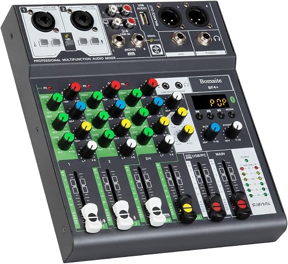 BF4+ Mini audio DJ mixer Sound Board Console System,4 Channel 48V Phantom Power with Bluetooth USB MP3 Stereo live DJ Studio Streaming for professional computer recording party KTV stage