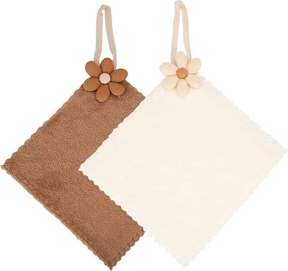 2-Pack Hanging Hand Towels with Floral Accent, Minimalist Design Coral Fleece Absorbent Towels with Loop for Bathroom, Kitchen, Sink (White, Khaki)