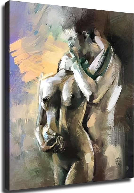 Sexy Wall Art Wall Decor Nude Man and Woman Embrace Canvas Painting Abstract Couple Picture Naked Prints Lovers Posters Prints Modern Bathroom Home Decoration (Framed,1218inch)