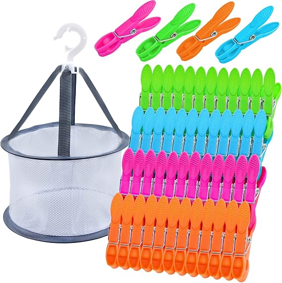 KEYBOO Clothes Pegs for Washing Line with Bag, Washing Pegs Plastic Laundry Pegs Extra Strong, Peg Basket for Washing Line, Washing Line Pegs Clothes Pegs and Bag Set for Home and Garden（48 Pcs）