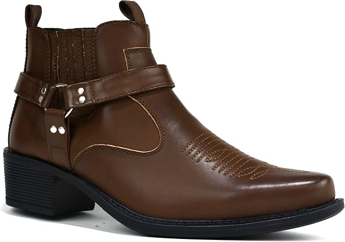 Men’s Cowboy – Black Leather Harness Ankle Boots for Men – Western Biker Motorcycle Riding Shoes – Stylish Horse Riding & Casual Footwear UK