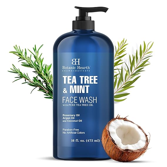 Botanic Hearth Tea Tree Face Wash With Mint - 16 Fl oz | With Pure Tea Tree Oil | Acne Fighting, Premium, Hydrating Liquid Face Soap Paraben Free, Fights Acne For Both Women And Men