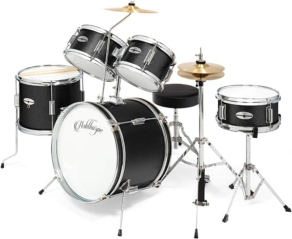 Ashthorpe 5-Piece Complete Kids Drum Set with Genuine Brass Cymbals - Junior Beginner Kit with 16" Bass, Throne, Hi-Hats, Pedals & Drumsticks - Black
