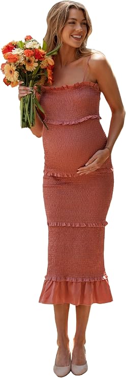 PinkBlush Satin Smocked Fitted Maternity Maxi Dress