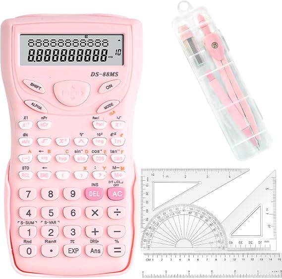 Scientific Calculators Maths Set Protractor and Compass - Set for Geometry with Rulers and Two Set Squares and Scientific Calculators,240 Functions 2 Line 10+2 Digits,Desk Math for School - Pink