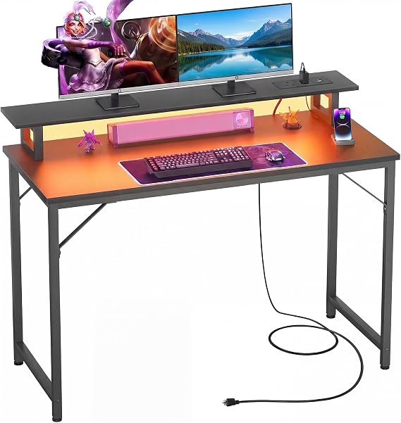 iSunirm Gaming Desk with Power Outlets & LED Lights, 100cm Computer Desk with Monitor Stand, Small Home Office Desk for Small Space, PC Gaming Table Workstation for Office Living Room Bedroom, Black