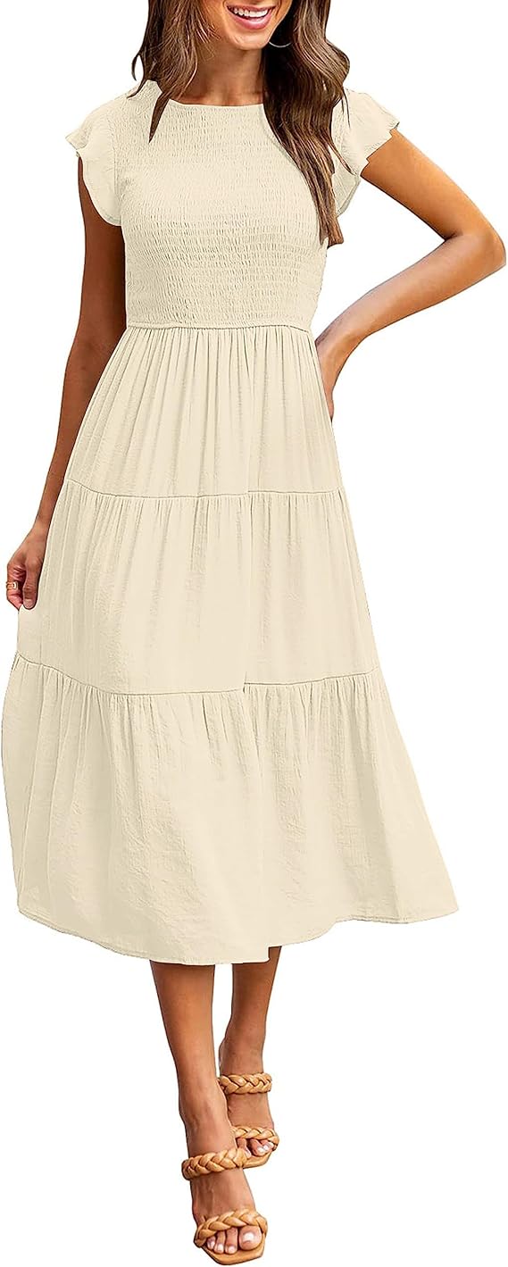 MEROKEETY Women's Summer Flutter Sleeve Smocked Midi Dress