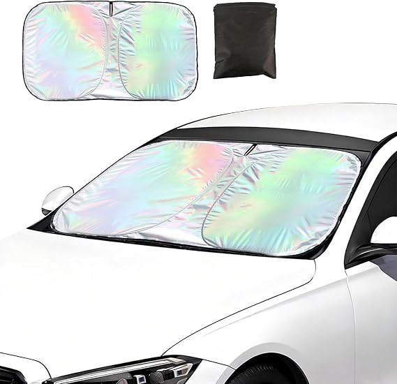 Laser Car Windshield Sun Shade, 145×80cm Front Windscreen Cover Sunshade with Memory Metal Frame, Foldable Reflective Uv Block Car Sun Visor, Heat Dust Windscreen Protector Fit for Most Cars