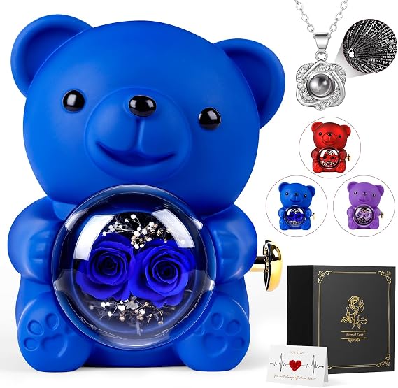 Rose Bear Teddy with Necklace Gift Box for Girlfriend, Cute Forever Flower Bear Preserved Rose Romantic Gift for Her, Valentines Bear Eternal Rose Flower Bear Anniversary Decoration for Woman, Blue
