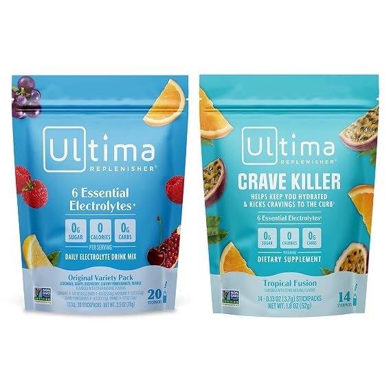 Ultima Replenisher Electrolyte Powder Drink Mix Bundle Sugar Free Variety, Crave Killer 20 Stickpacks, 14 Stickpacks 6 Electrolytes and Minerals Keto Friendly, Vegan, Non-GMO