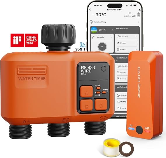 Smart WiFi Sprinkler Timer 3 Zone, Water Timer for Garden Hose Irrigation | 984 FT long range wireless connection with strong wall penetration, APP control, rain delay and multi-zone irrigation