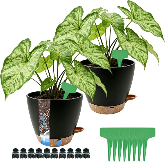 20cm Self Watering Plant Pots with Water Level Gauge, 2pcs Plant Pot Black