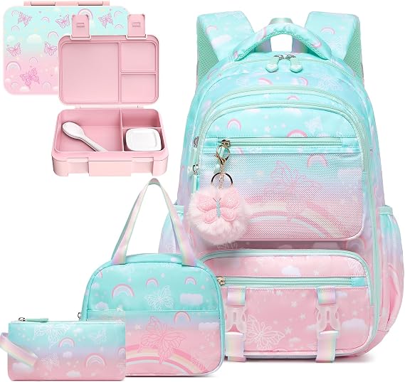 Scothen 4PCS Rainbow Butterfly Girls Backpacks with Lunch Box & Lunch Bag