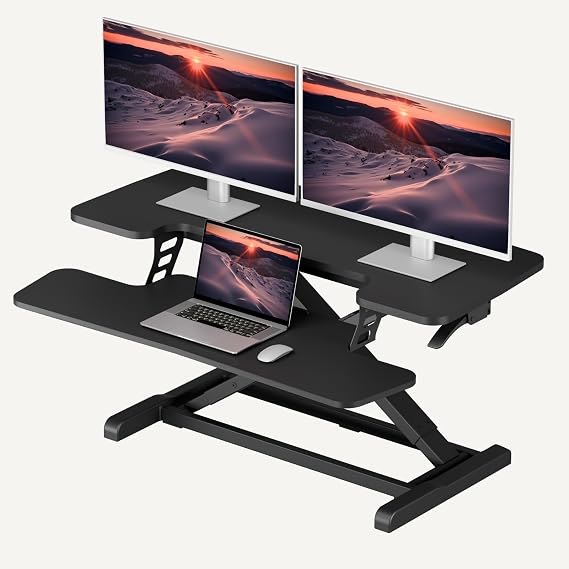 SANODESK 36" Standing Desk Converter, Adjustable Sit to Stand Desk Riser with Effortless Lifting for Home Office, Desk Topper for Dual Monitors, Computer Lift with Keyboard Tray, Black