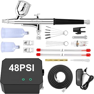 Gocheer Airbrush Kit with Air Compressor, 40 48 PSI High Pressure Air Brush Non-Clogging with 0.20.30.5mm NozzleCleaning Sets, Ideal for Painting, Modeling, Cake Decor, Makeup Black, 48 PSI