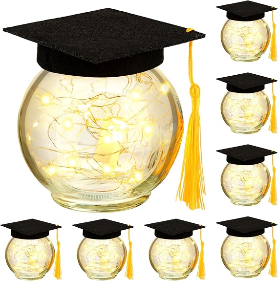 8 Pack Graduation Jar Centerpieces Graduation Table Decoration Firefly Fairy Star Jar Lantern Lamp with Bachelor's Hat LED Light Class of 2026 Gift for Her Yard Garden Home Wedding