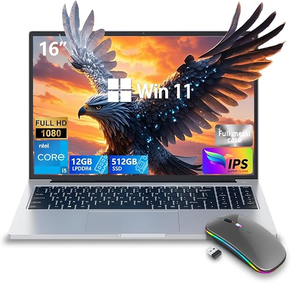 ZOLWAYTAC Gaming Laptop,Core i5-Quad-Core Processor (Up to 3.5GHz), 16" FHD IPS 1920x1200 180 Viewing Angle,12GB DDR4+512GB SSD, WiFi&BT/USB3.2-Aluminum Laptop for Work/Gaming,Metallic Silver