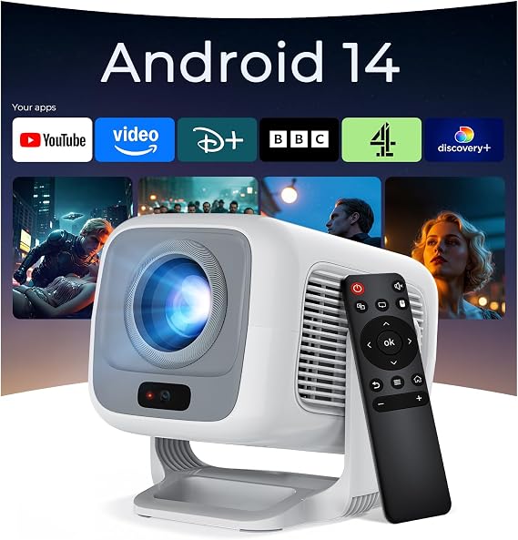 [Native 1080P/AI Auto Focus] Smart Projector for Bedroom, 600 ANSI 4K Support, WiFi 6 and Bluetooth 5.4, Android 11 OS Built-in Apps, Auto Keystone 270° Rotatable for Home Theater Outdoor Movie