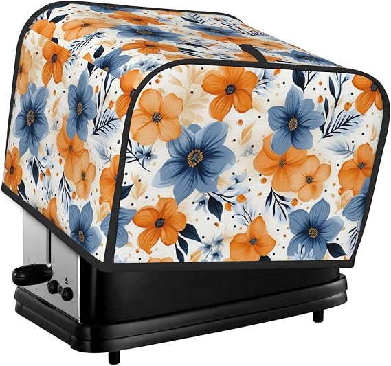 Blue And Orange Flowers 4 Slice Toaster Covers Quilted Bread Maker Cover Small Appliance Cover With Handle Toasters Dust Cover For Home Table Kitchen Decor