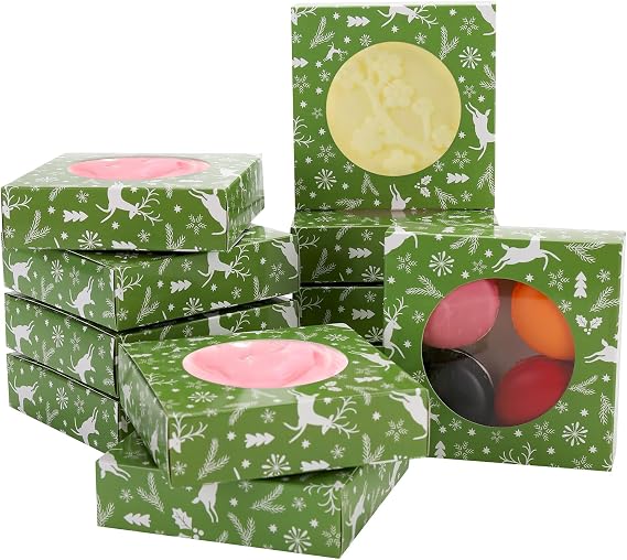 60Pcs Christmas Cookie Boxes 4.3x4.3x1.2 Inch,Christmas Bakery Boxes Gift Wrapping Box with Round Clear Window for Bakery Cookies Cake Candy Soap Packaging Birthday Gift Boxes (Christmas Green)