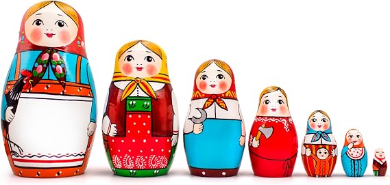 Aevvv ロシアの入れ子人形セット 7個 - 木製 ロシア マトリョーシカ 最古デザイン - ハンドメイド 民芸人形 マトリョーシカ人形