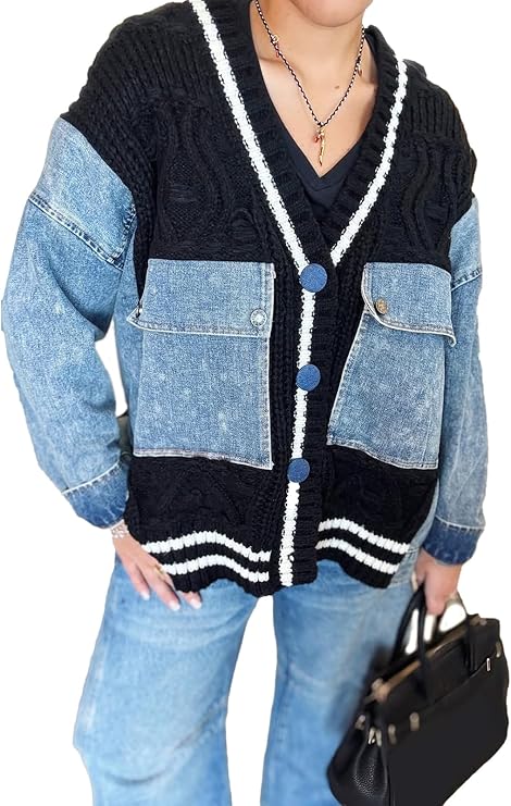 Molisry Women's 2026 Cardigan Sweater Long Sleeve Patchwork Denim Jacket