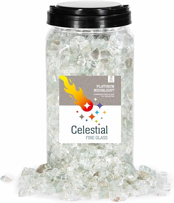 Celestial Fire Glass High Luster, 1/2" Reflective Tempered Fire Glass in Platinum Moonlight | 10 Pound Jar