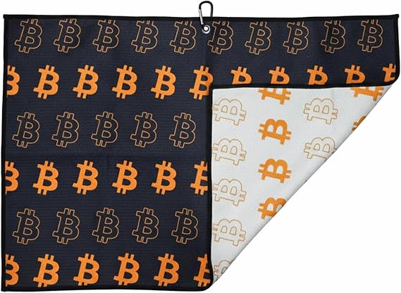 Bitcoin Golf Towel with Metal Clip, Black and White Dual-Sided Design, Luxury Waffle Fiber, 15.7x23.6 Inch, Cryptocurrency Theme