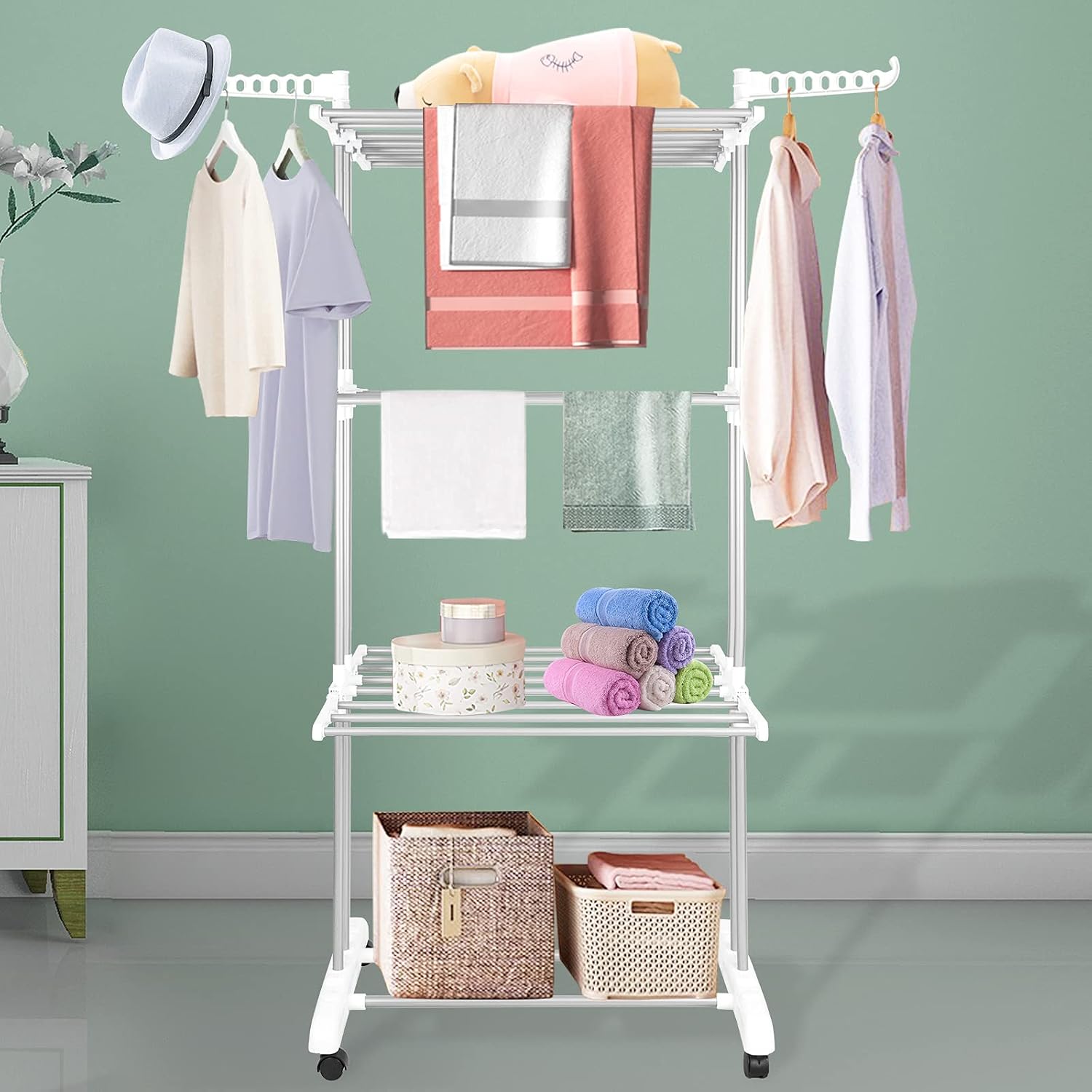 Innotic Clothes Drying Rack Foldable Clothes Airer Stainless Steel Portable Clothes Rail Laundry Dryer Hanger Rack with Wheels for Indoor Outdoor, WhiteGrey