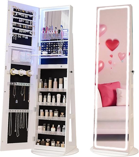 CHARMAID Swivel LED Mirror Jewelry Cabinet Armoire, Full Length Mirror with Storage, 3 Color & Adjustable Lights, Lockable Standing Jewelry Organizer with Lighted Mirror (White)