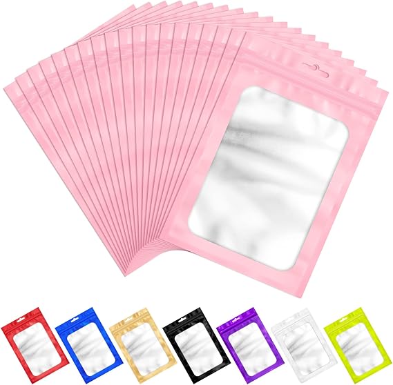 ANZNKU 100 Pcs Pink Mylar Bags, Resealable Smell Proof Small Foil Pouches