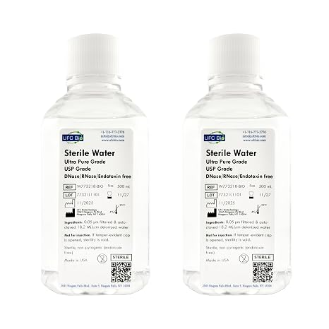 Sterile Water - Ultra Pure USP Grade - RNase/DNase/Endotoxin Free, Sterile 18.2 Mega Ohm-cm Deionized Water - 500mL x2 (1000 mL total)
