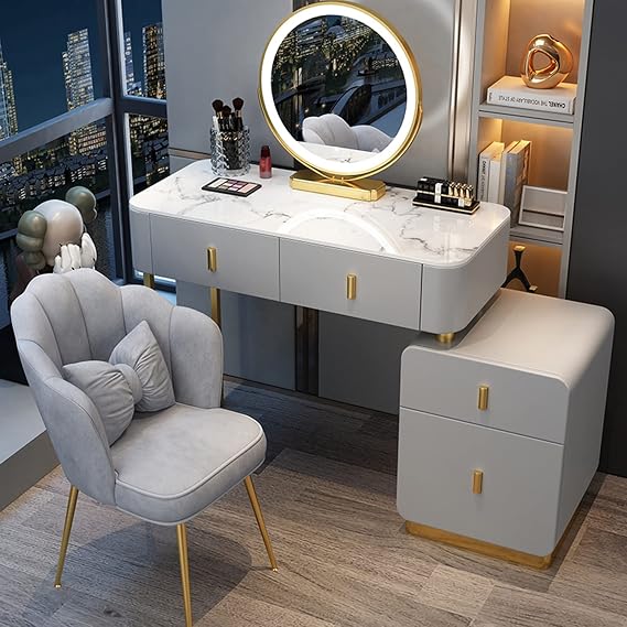 Makeup vanity with drawer, 3 color dimmable Vanity table, Dressing Table upholstered stool and LED mirror, modern vanity desk mirror 360° swivelling (Color : Grey+golden, Size : 120cm/47.2in)