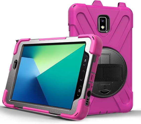 Rugged Case for Samsung Galaxy Tab Active 2 8" 2017 (Model T390/T395/T397), Portable Hybrid Shock-Proof Cover with 360 Rotatable Hook&Loop Handle,Shoulder Strap (Rose)