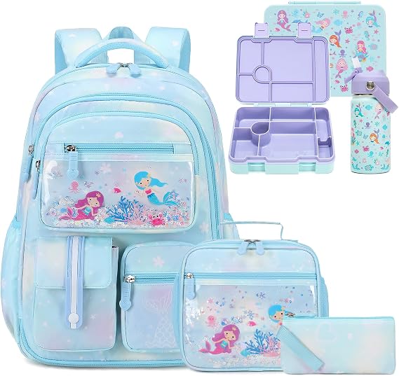 ACESAK 5PCS Mermaid Backpack for Girls with Lunch Box & Water Bottle,Blue
